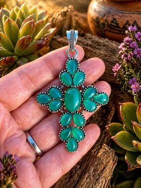 Natural Green Onyx Sterling Silver 3” Cross Pendant